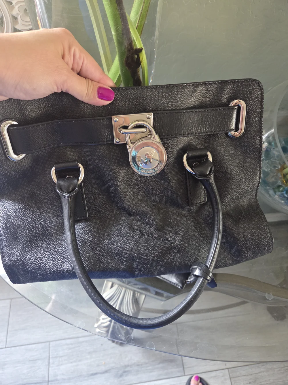 Michael Kors Black Leather Logo Lock Satchel